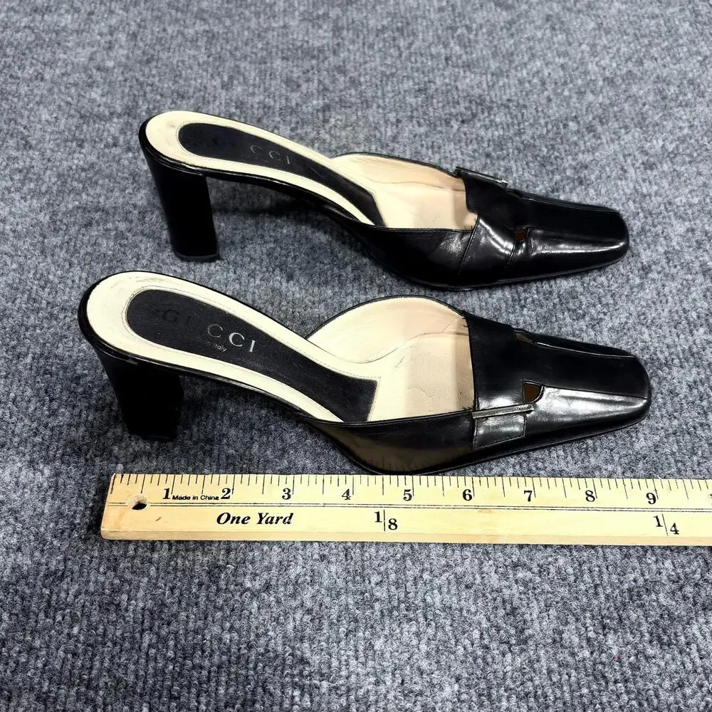 Vintage Gucci Shoes Womens 6 Black Leather Square Toe Cutout Mule Slides Y2K